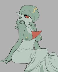 1girls anthro breasts casual casual_nudity clothing dress expressionless female female_only gardevoir glacierclear green_hair grey_background hair_over_one_eye humanoid large_breasts legs_together long_hair looking_at_viewer nintendo nipples pokémon_(species) pokemon pokemon_(species) red_eyes simple_background sitting skirt solo topless wide_hips