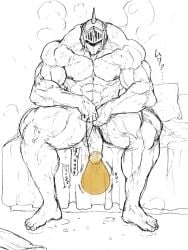 balls bara big_balls big_penis condom condom_filling condom_on_penis dokichi helmet helmet_only kinnikuman male male_only monochrome muscles muscular peeing penis robin_mask solo solo_male spread_legs urination urine urine_in_condom