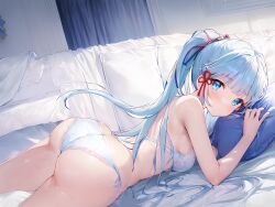 ai_generated ass ass_cleavage ass_focus bare_shoulders bed blue_eyes blue_hair blush bra breasts butt_crack female genshin_impact hair_ornament huge_ass kamisato_ayaka large_breasts long_hair looking_at_viewer lying on_stomach panties pillow ponytail shiny shiny_hair shiny_skin sideboob solo very_long_hair yukimachi