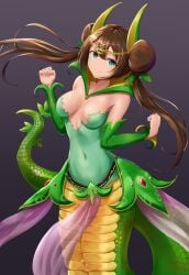 1girls breasts brown_hair cosplay covered_navel double_bun female green_eyes jojobirdz lamia large_breasts looking_at_viewer nintendo pokemon pokemon_(cosplay) pokemon_bw2 rosa_(pokemon) serperior_(cosplay) solo solo_female tail tiara twintails