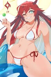 1girls bikini breasts breasts breasts capraraw female female female_focus female_only green_eyes guilty_gear guilty_gear_strive hips jack-o'_valentine light-skinned_female light_green_eyes light_skin lolipop red_hair smile smiling smiling_at_viewer thick_thighs thighs tummy wide_hips wink winking winking_at_viewer