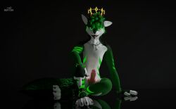 3d_(artwork) @devythehoosk absurd_res animal_genitalia animal_penis anthro black_background canid canine canine_genitalia canine_penis canis crowngenitals digital_media_(artwork) dragon furry genitals glowing glowing_hair glowing_markings green_body green_eyes green_hair hair headgear hi_res horn hybrid jewelry king knot male mammal markings necklace penis pink_eyes pink_hair pink_penis raishin reflective_floor rexouium royalty sheath simple_background solo_male spikes widescreen wolf