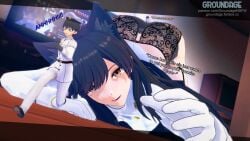 ass atago_(azur_lane) azur_lane bent_over black_hair brown_eyes commander_(azur_lane) dog_ears giantess groundage on_floor running takao_(azur_lane) tiny tv