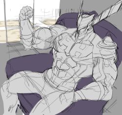 bara dokichi flexing male male_only megami_tensei monochrome muscles muscular persona persona_5 robin_hood_(persona_5) sitting sketch solo solo_male