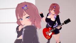 big_breasts blue_eyes brown_hair clothed guitarist hair_ornament mitygon sakaba_tachinomi