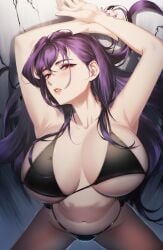 1girls belly_button big_breasts black_bra black_panties blueorca bouncing_breasts bra fingernails light-skinned_female light_skin looking_at_viewer nail_polish original panties purple_hair purple_nails red_eyes