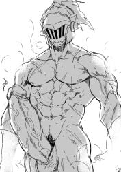 balls bara big_balls big_penis boner dokichi erection faceless_male goblin_slayer goblin_slayer_(goblin_slayer) helmet helmet_only male male_only monochrome muscles muscular musk penis scars scars_all_over solo solo_male sweaty