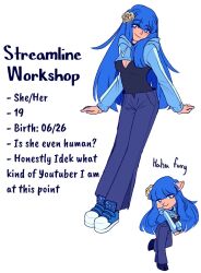 1girls blue_clothing blue_eyes blue_hair blue_hoodie cleavage cropped_hoodie english_text female flower_in_hair hair_ornament heart-shaped_pupils hoodie long_hair pants shoes stream_(streamline_workshop) streamline_workshop text youtube youtuber