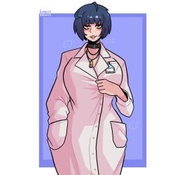 blue_hair bob_cut choker doctor eye_bags fishnets goth goth_girl lab_coat latex loggus_doggus necklace panting persona persona_5 persona_5_royal punk punk_girl red_eyes red_nails simple_background sling_bikini slingshot_swimsuit sweat sweatdrop swimsuit tae_takemi