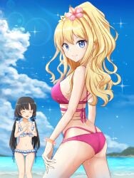 ami_ria ass beach bikini black_hair blonde_hair curvaceous curvy curvy_body curvy_female curvy_figure female female_only gilcrows human human_only kozue_mayu long_hair looking_at_viewer looking_back magia_record:_mahou_shoujo_madoka_magica_gaiden magical_girl mahou_shoujo_madoka_magica only_female puella_magi_madoka_magica ria_ami sea seaside water white_skin