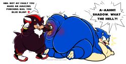 2boys anthro ass belly black_fur black_hair blue_fur blue_hair bruised_ass butt_punch chubby chubby_male english_text fat fat_ass floofyboyetime furry green_eyes hips large_ass laying_down looking_back male male_only moobs morbidly_obese morbidly_obese_male obese obese_male overweight overweight_male punch punching red_eyes rippling_ass sega shadow_the_hedgehog smug smug_face sonic_(series) sonic_the_hedgehog sonic_the_hedgehog_(series) stomach text thick_thighs thighs wide_hips