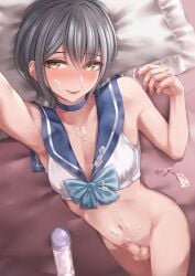 1boy ameya bulge censored condom crossdressing dildo femboy grey_hair highres lying male_focus navel on_back on_bed original otoko_no_ko paid_reward_available penis school_uniform selfie serafuku sex_toy shirt short_hair short_sleeves small_penis solo underwear used_condom