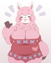 1girls 2022 alpaca animal_crossing anotherbearsimp anthro big_breasts blush blush_stickers breasts camelid cleavage closed_eyes clothed clothing eyelashes female female_only fur hair happy heart hi_res looking_at_viewer mammal mature_female nintendo open_mouth overalls overalls_only pink_body pink_fur pink_hair raised_hand red_clothing reese_(animal_crossing) short_hair simple_background smile smiling smiling_at_viewer solo thick_thighs tongue white_body white_fur wide_hips wool_(fur)