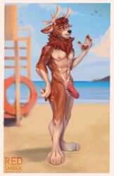 absurd_res anthro avian beach bird clothing corvid deer digital_media_(artwork) erection foreskin full-length_portrait fur genitals hi_res horn lifeguard looking_at_viewer male mammal multicolored_body multicolored_fur nipples nude orange_eyes original_character oscine outside passerine penis portrait reds redsmock sand seaside simple_background sky smile solo solo_focus swimwear two_tone_body two_tone_fur water wet wet_body