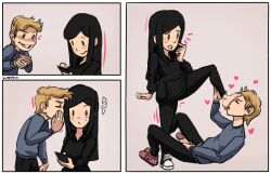 1boy 1boy1girl 1girls clothed clothing comic comic_page embarrassed feet feet_on_face foot_fetish freckles hoodie long_hair luana_(lustysun) lustysun masturbation meme standing surprised