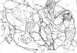 balls bara big_balls big_penis boner dokichi erection helmet male male_only monochrome muscles muscular penis penis_size_difference roker sitting solo solo_male spread_legs summons_board sweaty