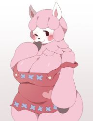 1girls 2022 alpaca animal_crossing anotherbearsimp anthro blush blush_stickers breasts brush camelid cheek_spots cleavage clothed clothing dot_eyes eyelashes female female_only fur hair hi_res lips looking_at_viewer mammal multicolored_body multicolored_fur nintendo one_eye_closed overalls overalls_only pink_body pink_fur pink_hair red_clothing reese_(animal_crossing) short_hair simple_background simple_eyes slightly_chubby smile smiling smiling_at_viewer solo two_tone_body two_tone_fur white_background white_body wide_hips wink winking_at_viewer wool_(fur)