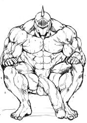 balls bara big_balls big_penis dokichi helmet helmet_only kinnikuman male male_only monochrome muscles muscular penis robin_mask solo solo_male spread_legs squatting sweaty