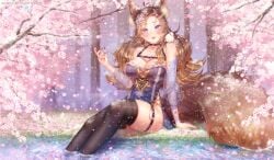 1animal 1girls animal_ears bird blush brown_nails cherry_blossoms cleavage clothed clothing flowers_in_hair forest indie_virtual_youtuber light-skinned_female light_brown_hair light_skin looking_at_viewer lycan monster_girl outside peaches_(peachesvtuber) pippy_(peachesvtuber) puppypaww purple_eyes smile stockings tail tattoo thighhighs trees virtual_youtuber water werewolf werewolf_girl