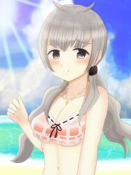 artist_request beach bikini blue_sky cute female female_only gray_hair human light-skinned_female light_skin magia_record:_mahou_shoujo_madoka_magica_gaiden mahou_shoujo_madoka_magica medium_hair nayuta_satomi puella_magi_madoka_magica satomi_nayuta sea seaside silver_hair sky solo solo_female teen teenage_girl teenager water white_skin young