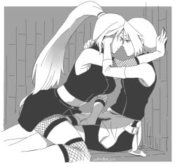 2girls eye_contact hand_between_legs imminent_kiss implied_fingering implied_sex ino_yamanaka ino_yamanaka leaning_back long_hair looking_at_another midriff monochrome multiple_girls naruto naruto_(series) naruto_shippuden ponytail sakura_haruno sakura_haruno sitting straddling yukataro yuri