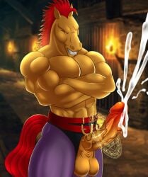 abs anthro balls belt big_balls big_bulge big_penis bodily_fluids bottomwear bulge clothing crossed_arms cum cumshot dungeon ejaculating_cum ejaculation equid equine erection fur genital_fluids genitals hair hi_res horse humanoid humanoid_genitalia humanoid_penis looking_at_viewer magic magic_circle male mammal mane mohawk muscular muscular_anthro muscular_male pants pecs penis red_hair red_mane solo stallion_(character) stallion_(words_worth) tail tan_body tan_fur vein veiny_penis white-snow-wolf words_worth