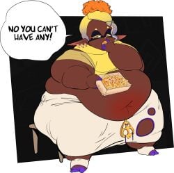 belly belly_bulge belly_button belly_overhang chubby chubby_female cloudboyo dark-skinned_female dark_skin dialogue dialogue_bubble eating eating_food fat_ass female female_only fries frye_(splatoon) huge_breasts obese obese_female overweight overweight_female pointy_ears sitting sitting_on_chair speech_bubble splatoon splatoon_3