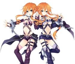 2girls ankle_cuffs belt blue_eyes bondage bondage_outfit breasts collar cuffs date_a_live female_only garter_straps gloves high_heels holding_hands interlocked_fingers locks looking_at_viewer medium_breasts midriff miniskirt multiple_subs navel o-ring o-ring_harness orange_hair padlock ponytail shackles short_hair short_shorts shorts showgirl_skirt siblings sisters skirt slave thighhighs tsunako twins yamai_kaguya yamai_yuzuru