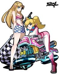 2girls blonde_hair blue_eyes blue_skirt bodysuit boots breasts checkered_flag checkered_skirt circlet company_connection crop_top crossover crown death_battle duo earrings female female_only flag holding_flag large_breasts light-skinned_female light_skin lips lipstick long_hair looking_at_viewer mario_(series) mario_kart mario_kart_8 midriff motorcycle motorcycle_suit navel nintendo pale-skinned_female pale_skin pink_crop_top pink_scarf platinum_blonde_hair pony princess_peach princess_zelda race_queen sbql_(niaunclefan) scarf skirt the_legend_of_zelda tied_hair topwear triforce_earrings zelda_(a_link_between_worlds)