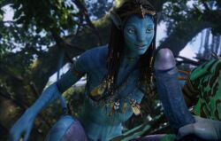 1boy 1girls 24joe alien alien_girl alien_humanoid alien_only areolae avatar blue_skin edit edited huge_cock lustful_gaze na'vi neytiri nipple_slip nipples screenshot_edit