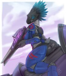 2023 alien anthro anus armor ass bedroom_eyes bep_'nom blue_eyes body boob_armor bottomwear breastplate breasts butt clothed clothing cuisse female female_kig-yar futuristic_armor greaves grey_body grey_skin halo_(series) hi_res holding_object holding_weapon inno-sjoa kig-yar looking_at_viewer microsoft narrowed_eyes partially_clothed poleyn pseudo_hair rerebrace scalie science_fiction seductive shoulder_guards skirmisher smile solo t'vaoan torn_bottomwear torn_clothing vambraces weapon xbox_game_studios