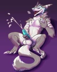 2022 anthro aspekt balls bodily_fluids claws cum cumshot ejaculation erection fur genital_fluids genitals grey_body grey_fur hi_res male male_only mammal masturbation multicolored_body nude open_mouth penile penile_masturbation penis phone recording sergal sitting solo spread_legs spreading two_tone_body white_body white_fur zannathedragon