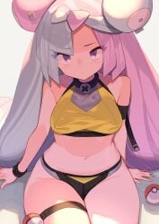 1girls adapted_costume armband ball bangs bare_shoulders belly belly_button bikini blush bow-shaped_hair bracelet breasts character_hair_ornament creatures_(company) crop_top cute erect_nipples erect_nipples_under_clothes eye_contact female female_only game_freak groin gym_leader hair_ornament hi_res high_resolution highres holding holding_ball iono_(pokemon) long_hair looking_at_viewer low-tied_long_hair medium_breasts midriff minishorts multicolored_hair navel nintendo nipples off_shoulder partially_visible_vulva pink_eyes pink_hair poke_ball poke_ball_(basic) pokemon pokemon_(game) pokemon_sv pokemon_trainer short_shorts shorts solo sports_bikini sports_bra sportswear spring2013 stomach thick_thighs thigh_poke_ball thigh_strap thighband thighs thin_waist tight_clothing twintails two-tone_hair very_long_hair wide_eyed wide_hips