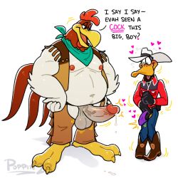 anatid anseriform anthro avian balls bird chaps chicken daffy_duck duck duo erection foghorn_leghorn galliform gallus_(genus) gay genitals hi_res humanoid_genitalia humanoid_penis looney_tunes male male/male penis phasianid poppin simple_background the_looney_tunes_show warner_brothers white_background