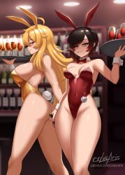 big_breasts blonde_hair bunny_ears bunny_tail bunnysuit busty cigarette cleavage cslucaris eye_bags playboy_bunny purple_eyes red_hair ruby_rose rwby silver_eyes smoking thick_thighs waitress wrist_cuffs yang_xiao_long