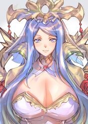 1girls alternate_breast_size big_breasts blue_eyes blue_hair cleavage color crown dress female female_only fire_emblem fire_emblem_engage jewelry large_breasts lumera_(fire_emblem) milf solo twitter_username ug333333