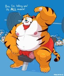 2023 absurd_res anthro blue_nose bodily_fluids bottomwear clothing felid frosted_flakes genital_fluids genitals hi_res kellogg's male male_only mammal manlyster mascot moobs nipples obese obese_male overweight overweight_male pantherine penis precum shorts sitting solo tiger tony_the_tiger