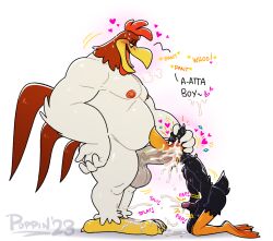 anatid anseriform anthro avian balls bird bodily_fluids chicken cum cum_in_mouth cum_inside cum_on_feet daffy_duck duck duo fellatio foghorn_leghorn galliform gallus_(genus) gay genital_fluids genitals hi_res humanoid_genitalia humanoid_penis looney_tunes male male/male masturbation oral penile penile_masturbation penis phasianid poppin sex simple_background the_looney_tunes_show warner_brothers white_background