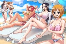 5girls ass baccarat_(one_piece) beach beach_chair beach_umbrella belly belly_button bikini black_hair blue_sky boa_hancock busty cleavage clouds curvy ear_piercing earrings fat_breasts female female_only flat_belly koala_(one_piece) large_breasts light_skin nami nami_(one_piece) nico_robin one_piece one_piece_film_gold orange_hair post-timeskip red_hair sand sky slim_waist smile sunglasses sunglasses_on_head swimsuit tan_skin tattoo thick_thighs thigh_tattoo voluptuous water yohkn3