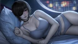 1girls absurd_res absurdres bangs bare_arms bare_shoulders bed bedroom bedroom_eyes bedroom_setting big_breasts black_choker black_hair blue_panties blue_tank_top blue_underwear breasts busty chainsaw_man choker cleavage clothed clothed_female clothing eyepatch female female_focus female_only fit fit_female grey_eyes high_resolution highres himeno_(chainsaw_man) large_breasts laying_down laying_on_bed laying_on_side light-skinned_female light_skin night nighttime on_bed on_side panties parted_lips pillow sciamano240 short_hair smile smiling solo solo_female solo_focus staring_at_viewer tank_top teeth teeth_showing underwear very_high_resolution