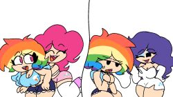 3girls angry_vein annoyed annoyed_expression big_breasts booty_shorts dog_collar equestria_girls female female_only femdom handcuffs hottiegirl34_(artist) hugging_from_behind humanized leash leash_and_collar leash_pull my_little_pony only_female pinkie_pie_(mlp) rainbow_dash_(mlp) rarity_(mlp) shorts straight_hair thick_thighs thighhighs thighs tied_up voluptuous voluptuous_female white_background wings_tied wink