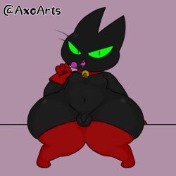 anthro ass axoarts balls bell bell_collar big_butt black_body black_fur bodily_fluids candy cartoon_network clothing collar dessert digital_media_(artwork) domestic_cat felid feline felis food fur genitals gloves green_eyes handwear legwear lollipop looking_at_viewer male mammal mao_mao:_heroes_of_pure_heart moobs penis red_clothing red_gloves red_handwear red_legwear red_thigh_highs saliva saliva_string sheriff_mao_mao_mao sitting small_penis solo solo_male thick_thighs thigh_highs tongue tongue_out