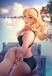 big_ass big_breasts black_bikini blonde_hair blue_eyes hairband higher_resolution_duplicate holding_hands jetty jonathan_hamilton league_of_legends looking_at_viewer looking_back luxanna_crownguard smiling thighs tsuaii wholesome yacht