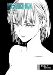 1girls black_and_white black_background breasts ear_piercing female female_only fubuki_(one-punch_man) implied_nudity looking_at_viewer manga monochrome murata_yuusuke official_art one-punch_man short_hair