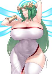 1girls armpits aster_crowley bangs bare_shoulders blush bracelet bracer breasts cleavage dress female female_only gold_choker green_eyes green_hair halo highres horny huge_breasts jewelry kid_icarus kid_icarus_uprising laurel_crown long_hair looking_at_viewer neck_ring nintendo palutena parted_bangs smile solo thick_thighs thighs white_dress