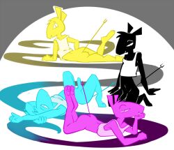 2019 abstract_background anthro ass bent_legs black_body black_fur black_penis blue_body blue_fur blue_penis bottomless bottomwear cay_(toxoglossa) clothed clothing digitigrade egyptian_mythology erect_tail erection eyebrows forked_tail fur genitals glans group head_tuft humanoid_genitalia humanoid_penis kneeling lying male middle_eastern_mythology mythology narrowed_eyes navel on_back on_front pants pawpads penis pink_body pink_bottomwear pink_clothing pink_fur pink_pants set_(species) simple_background square_crossover tail toxoglossa tuft unusual_anatomy unusual_tail yellow_body yellow_fur