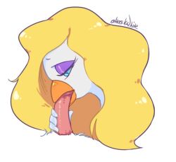 artist_request avian beak blonde_hair blowjob blue_eyes female gandra_dee simple_background white_body