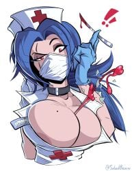 1girls 2d 2d_(artwork) absurd_res annoyed annoyed_expression areola areola_slip areolae choker clothed clothed_female doctor dominant_female female female female_focus female_only gloves highres huge_breasts implied_sex large_breasts latex_gloves mask masked masked_female mole mole_on_breast nipple_slip paizuri saladbearer skullgirls surprised surprised_expression valentine_(skullgirls)