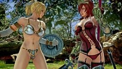 2girls alluring armored_bra armored_panties artist_request blonde_hair brown_eyes cassandra_alexandra cleavage green_eyes hildegard_von_krone lingerie project_soul red_hair silf soul_calibur soul_calibur_ii soul_calibur_iii soul_calibur_v soul_calibur_vi sword_and_shield tagme weapons