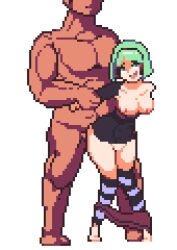 1boy 1girls 2d 2d_animation animated bob_cut breasts_out clothed_sex commission cum ejaculation fucked_silly grabbing_arm grabbing_from_behind green_eyes green_hair knees_together_feet_apart loop pants_down phonon pixel_animation pixel_art sex_from_behind short_hair standing_sex under_night_in-birth